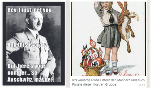 Zwei der Bilder und Memes aus dem Chatprotokoll der Whatapp-Gruppe - Bildquelle: Falter