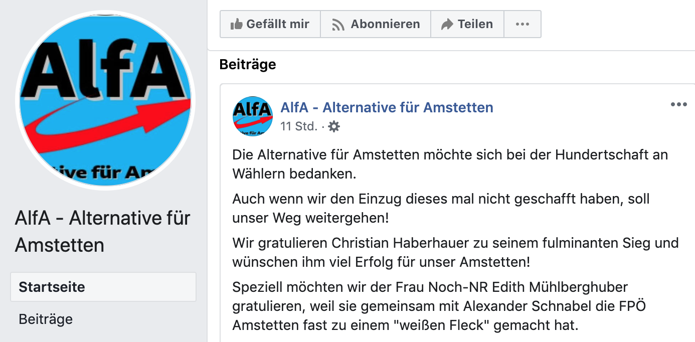 Die Alternative für Amstetten bedankt sich bei der "Hundertschaft an Wählern" und bei Edith Mühlberghuber (Sreenshot FB)