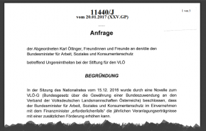 Anfrage an den Sozialminister wegen "Ungereimtheiten bei der Stiftung für den VLÖ"