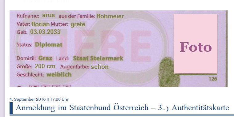 AnhängerInnen der Freeman, des Staatenbund Österreich und der Reichsbürger stellen sich eigene Führerscheine, "Authentitätskarten" usw. aus. Den Führerschein der Republik Österreich ist der Kärntner nun jedenfalls los.