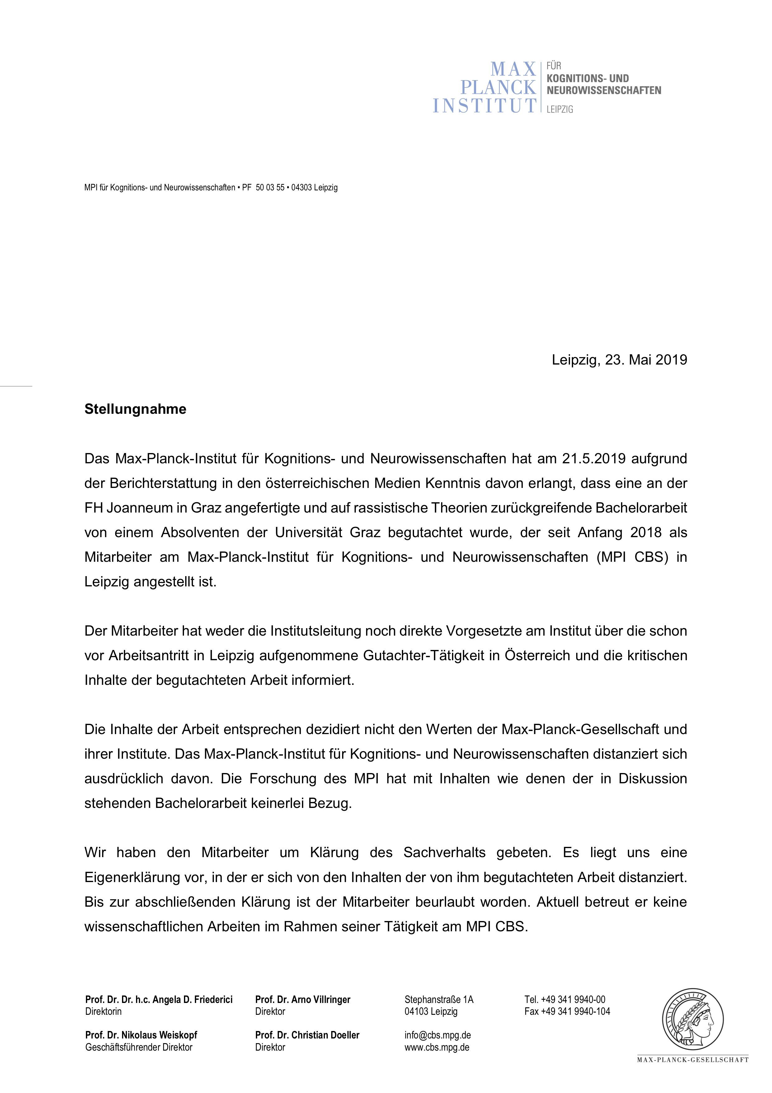 Stellungnahme des Max-Planck-Instituts Leipzig zur Begutachtung der rassistischen Bachelorarbeit (23.05.2019)