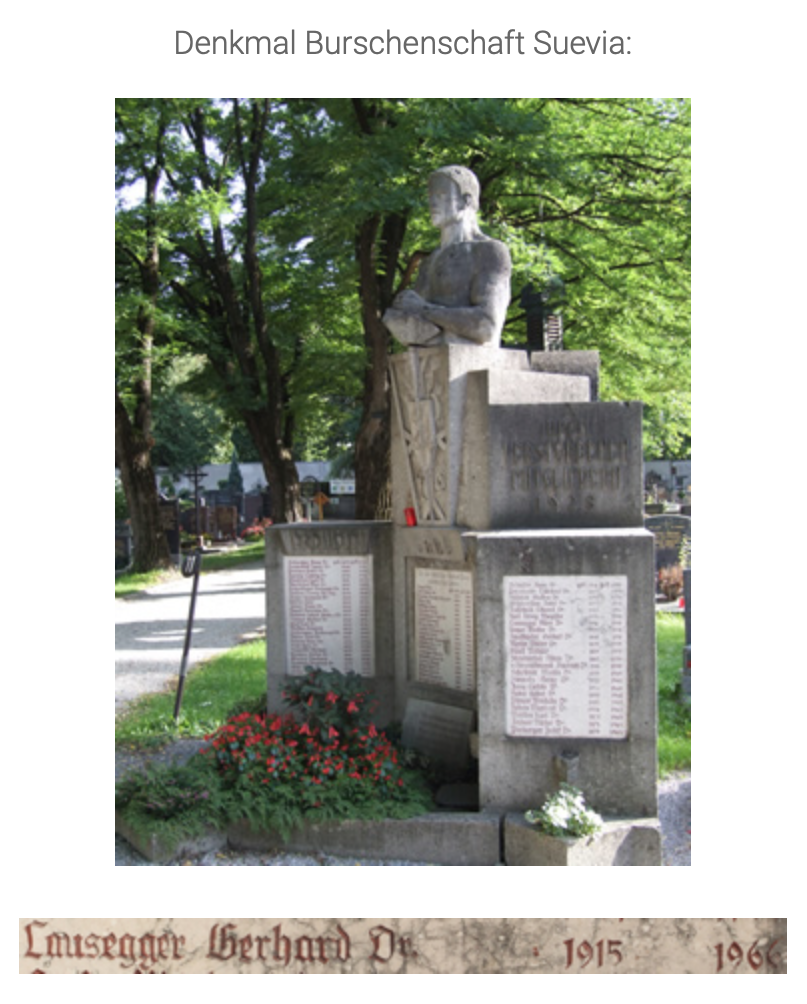 Denkmal der Suevia am Friedhof Innsbruck mit der Inschrift "Lausegger Gerhard" (Foto: novemberpogrom1938.at)