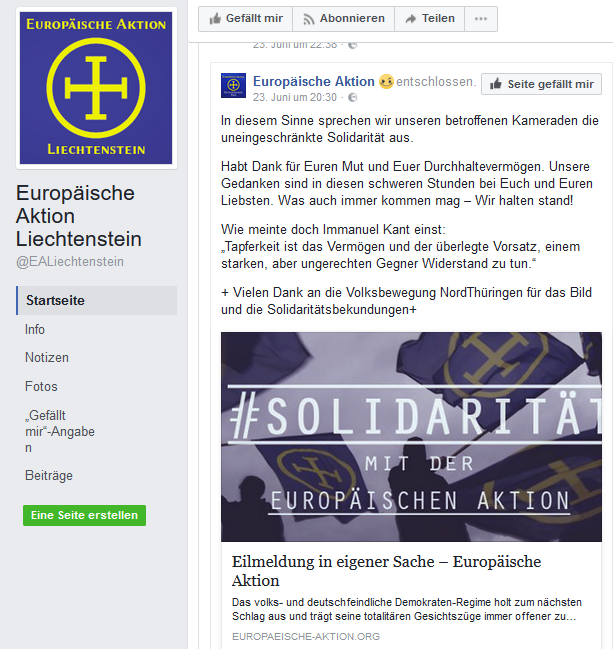 Die "Europäische Aktion Liechtenstein" erklärt sich solidarisch mit den Betroffenen der Razzia. Die Dankesworte für die Überlassung des Bildes zeigt die enge Verbindung zwischen den verschiedenen EA-Teilorganisationen