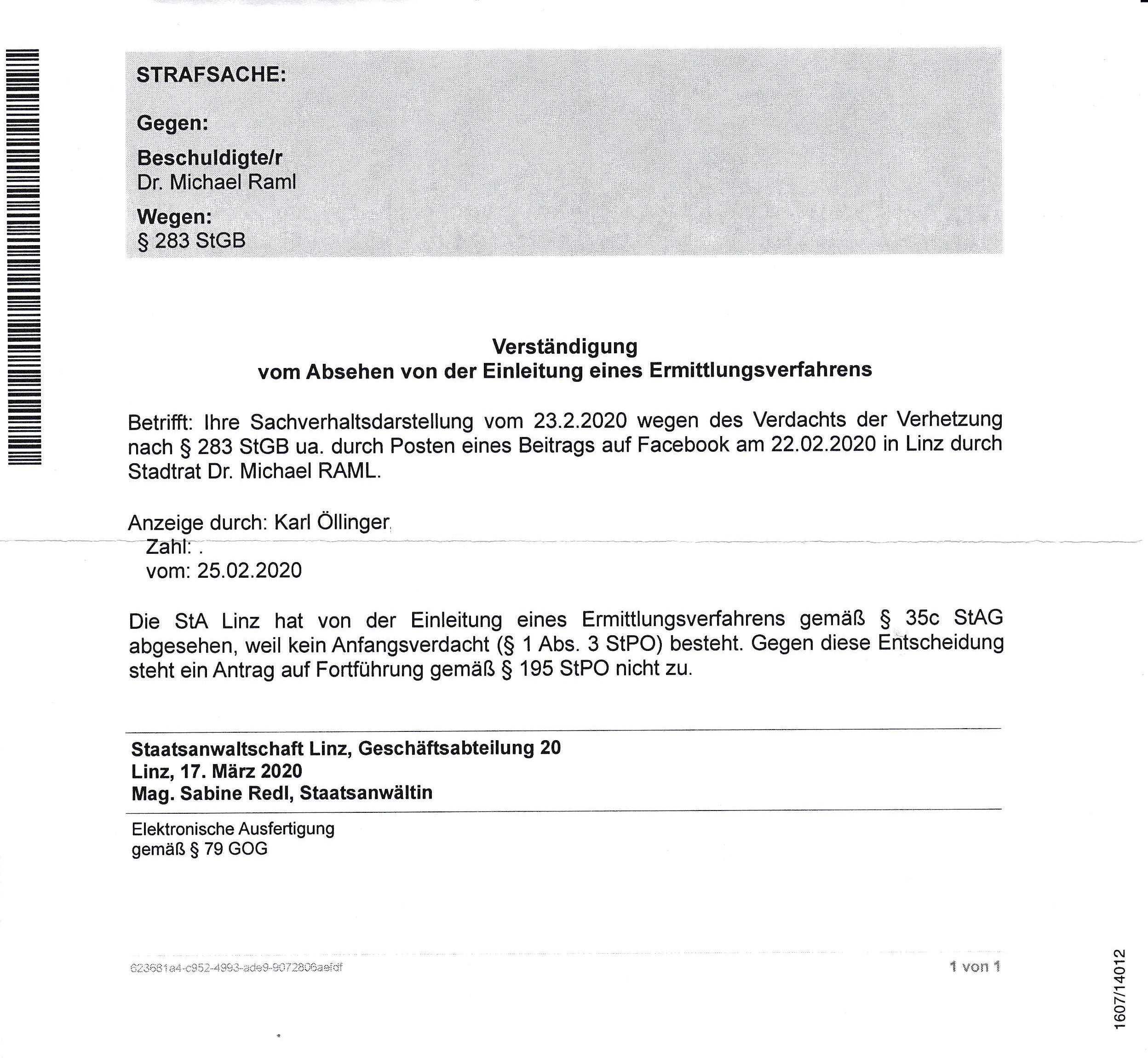 Mitteilung über das "Absehen von der Einleitung eines Ermittlungsverfahrens" durch die Staatsanwaltschaft Linz