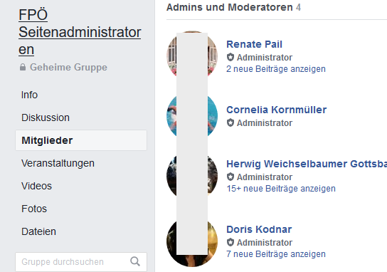 Geheime Gruppe "FPÖ Seitenadministratoren": Pail, Kornmüller, Weichselbaumer Gottsbachner, Kodnar als Gruppenadmins und -moderatorInnen