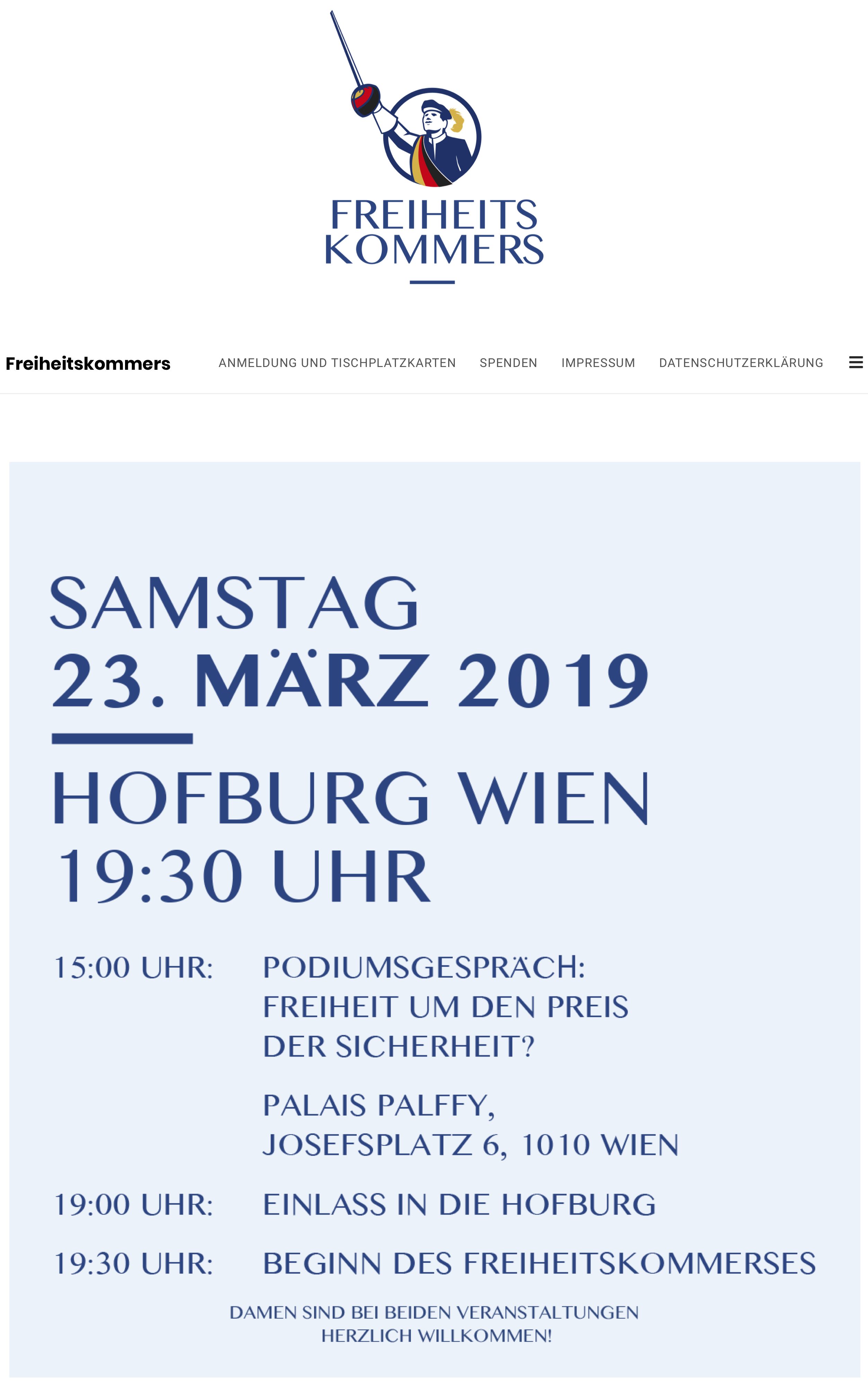 Ankündigung Freiheitskommers 23.3.19, Hofburg