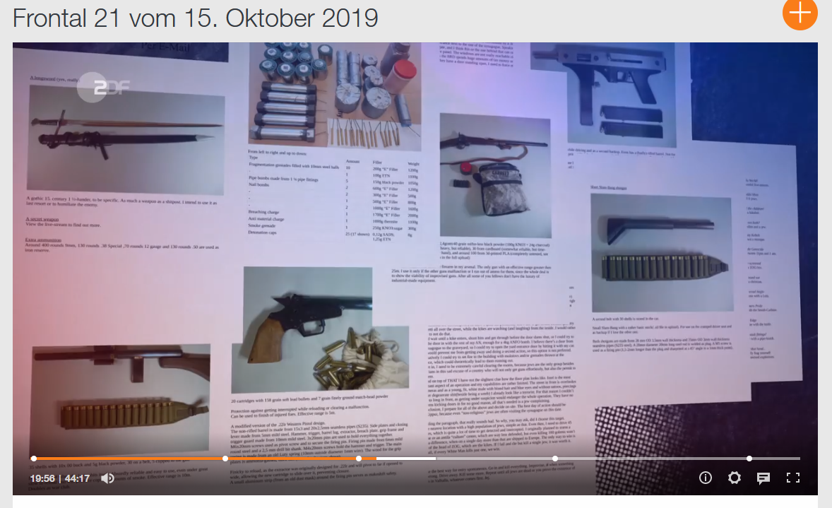 Bekennerschreiben des Halle-Attentäters mit Präsentation seiner Waffen mit technischen Angaben (Screenshot Video Frontal 21)