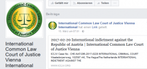 Facebook-.Auftritt des Phantasiegerichtshofs International Common Law Court of Justice Vienna (ICCJV)