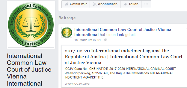 Facebook-Auftritt des Phantasiegerichtshofs International Common Law Court of Justice Vienna (ICCJV)