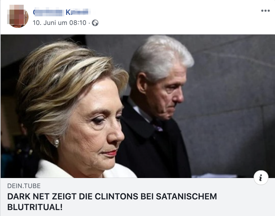 K. teilt "Dark Net zeigt die Clintons bei satanischem Blutritual!" (Screenshot Facebook)