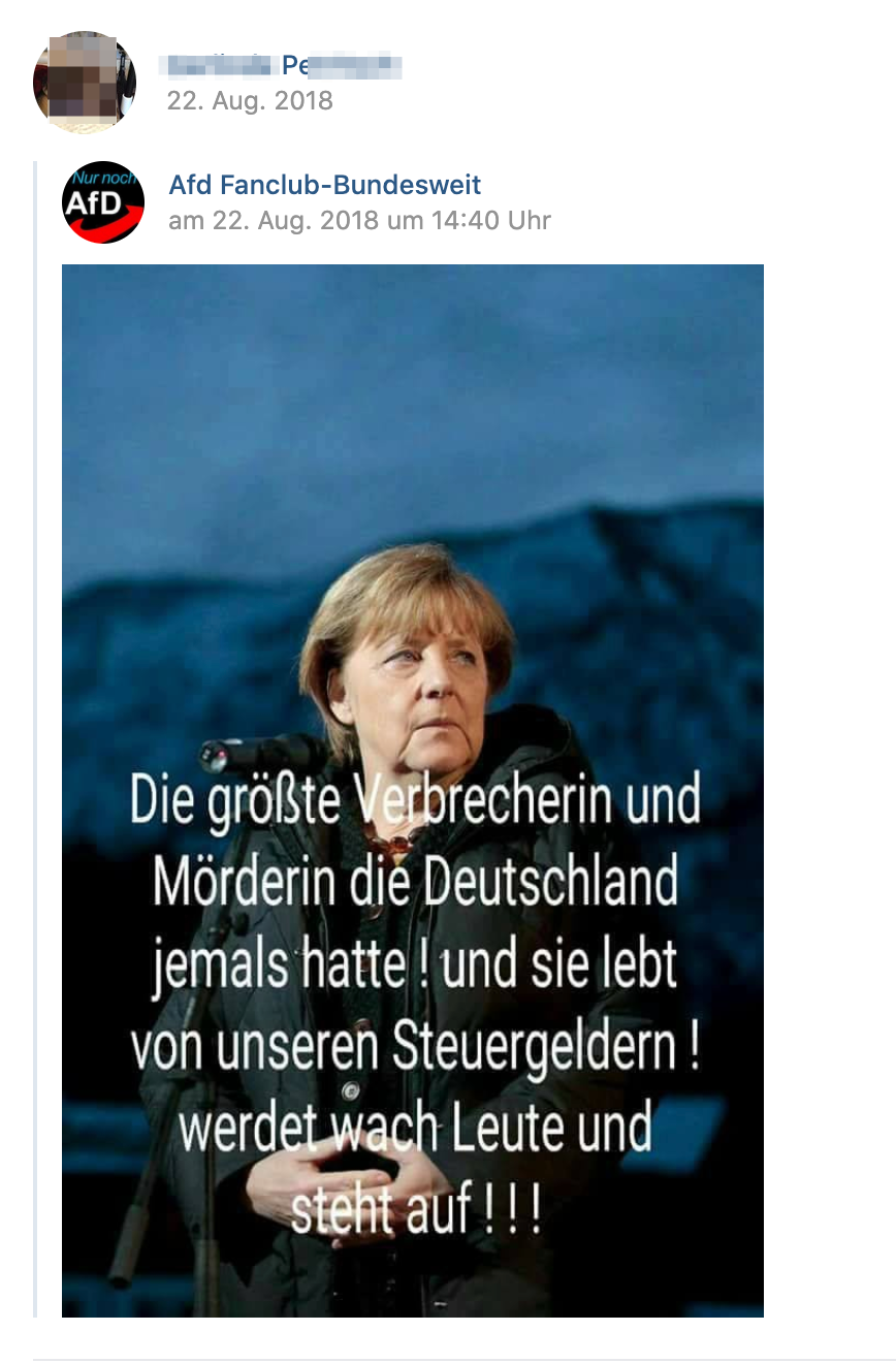 P. teilt Afd Fanclub: Merkel als "größte Verbrecherin und Mörderin die Deutschland jemals hatte" diffamiert (Screenshot vk.com)
