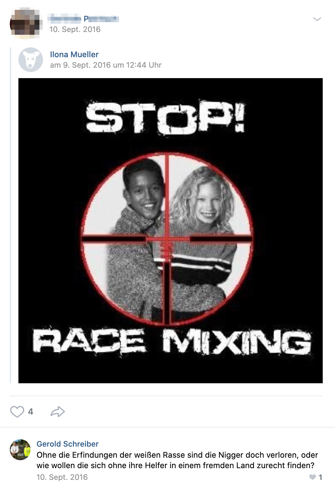 P. teilt rassistische Propaganda (Stops Race Mixing) mit rassistischem Kommentar (Screenshot vk.com)