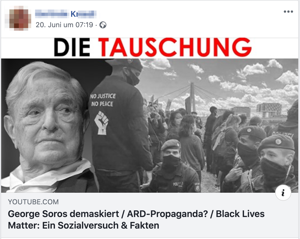 K. Verschwörungsschrott über Soros, die ARD und "die Fakten" zu BLM (Screenshot Facebook)