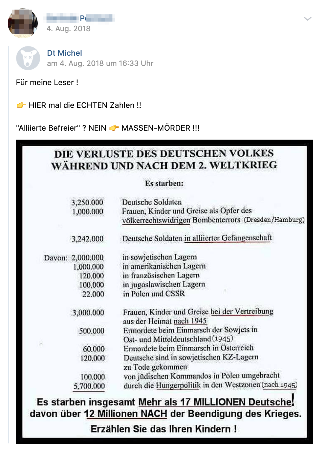 P. teilt erfundene Zahlen zu den "Verlusten des Deutschen Volkes während und nach dem 2. Weltkrieg" (Screenshot vk.com)