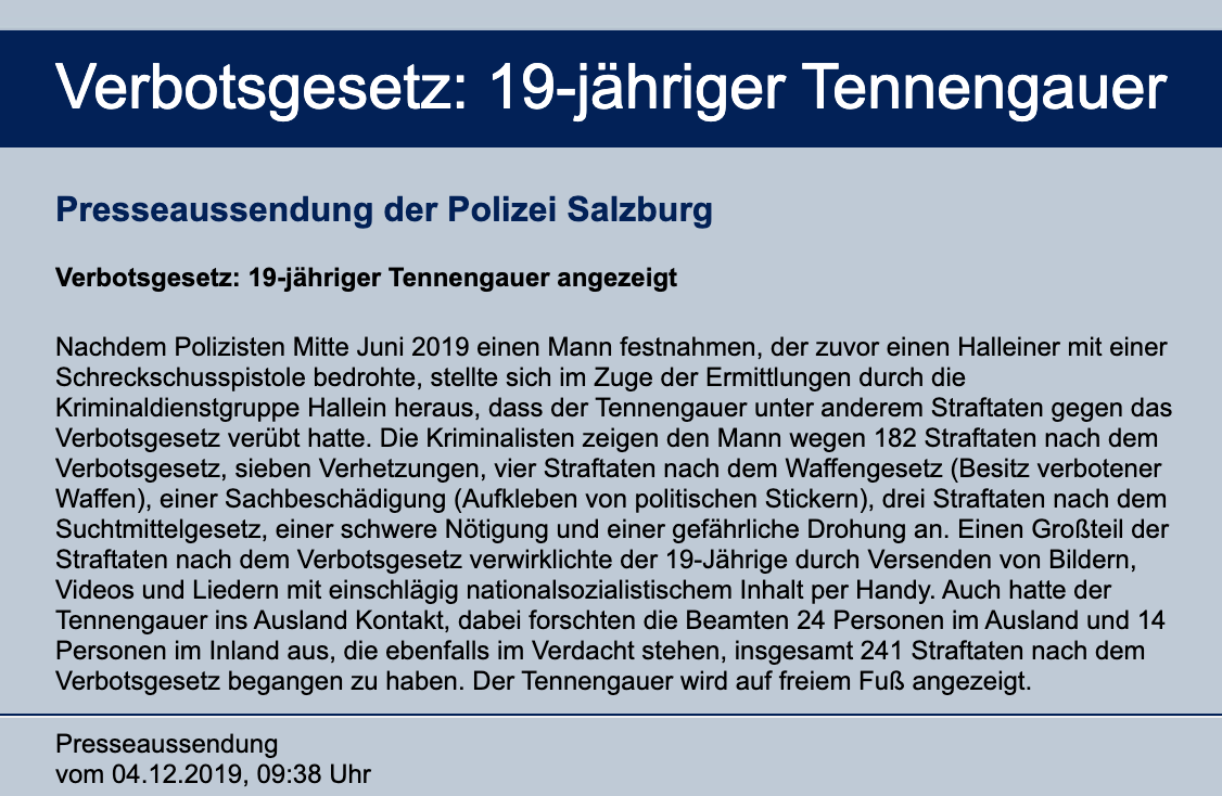 Meldung LPD Salzburg (4.12.19): 19-jähriger Tennengauer angezeigt