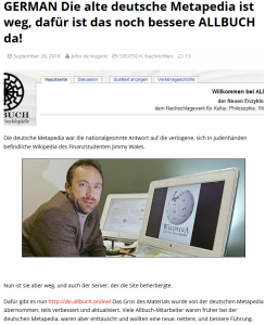 Nugent erklärt auf Allbuch den Zusammenhang mit Metapedia: Personal und Texte übernommen, Führung aber netter, neuer und besser.