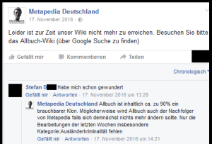 Als "Metapedia" mal nicht erreichbar war, verweist man von sich aus auf das Parallel-Projekt "Allbuch", das "möglicherweise" sogar der Nachfolger werden würde...