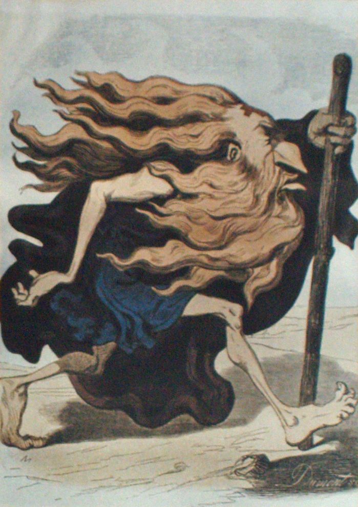 Der wandernde Ewige Jude, farbiger Holzschnitt von Gustave Doré, 1852, Reproduktion in einer Ausstellung in Yad Vashem, 2007 (David Shankbone https://commons.wikimedia.org/w/index.php?curid=3271930)