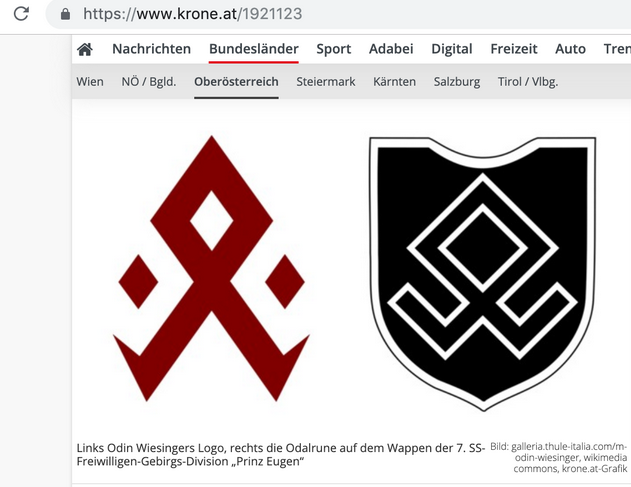 links Logo Wiesinger, rechts Odalrune 7. SS-Freiwilligen-Gebirgs-Division "Prinz Eugen"