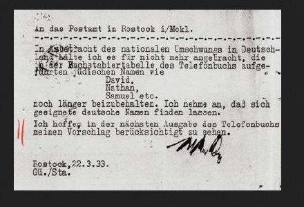 Brief Joh. Schliemanns an das Postamt von Rostock von 1933, in dem die "Arisierung" des Telefonalphabets gefordert wird. (Wikipedia)