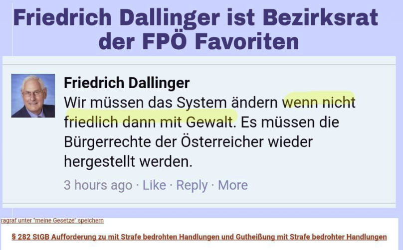 FPÖ-Fails sieht in dem Posting von Friedrich Dallinger, Bezirksrat FPÖ Favoriten, einen möglichen verstoß gegen § 282 StGB - Aufforderung zu mit Strafe bedrohten Handlungen und Gutheißung mit Strafe bedrohter Handlungen