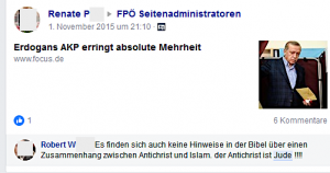 Antisemitismus als Antwort auf ein Posting der Gruppenadministratorin Renate P.: "Der Antichrist ist Jude !!!!"