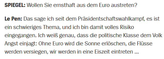 Der Spiegel: Marine Le Pen, 2.6.2014 zum Austritt aus dem Euro