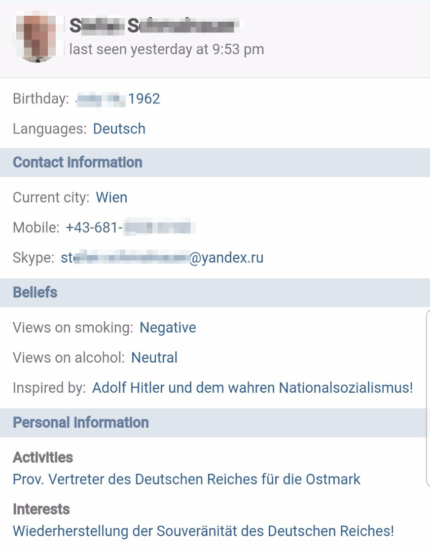 St.S. auf vk.com mit Handynummer und Mailadresse – inspiriert von "Adolf Hitler und dem wahren Nationlasozialismus!"