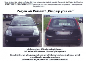 AnhängerInnen des "Staatenbundes" wollen mit der Aktion "Zeigen wir Präsenz! Pimp up your car" Solidarität und Standhaftigkeit ausdrücken.