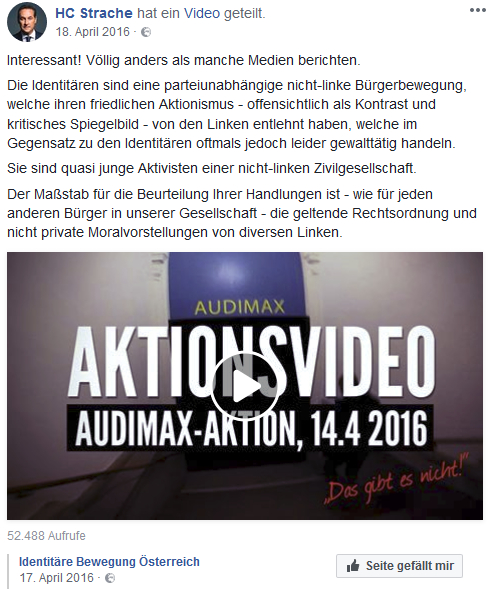 Strache teilt Identitäre: "nicht-linke Bürgerbewegung", "nicht-linke Zivilegesellschaft" (Screenshot Facebook)