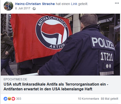 Straches Fakemeldung von "epochtimes" über (nicht vorhandene) Einstufung der Antifa als Terrororganisation (2017)