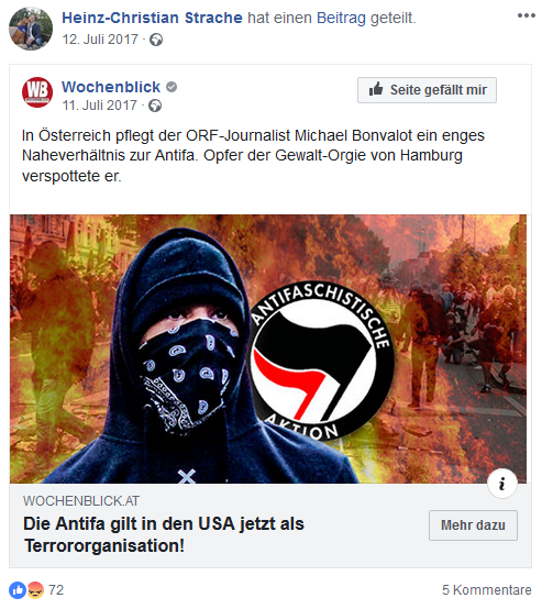 Straches Fakemeldung Nummer 3 vom "Wochenblick" über (nicht vorhandene) Einstufung der Antifa als Terrororganisation