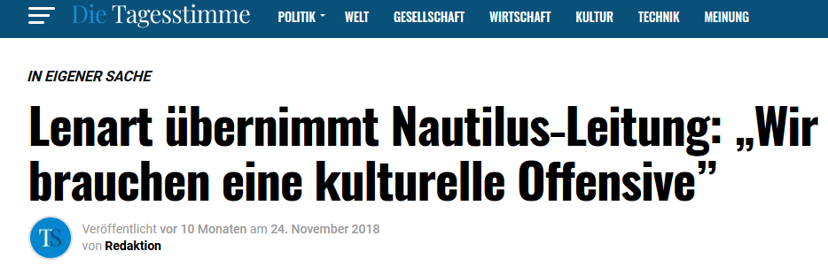 Die identitäre "Tagesstimme" verkündet im Oktober 2018, dass Lenart die "Nautilus-Leitung" übernimmt.