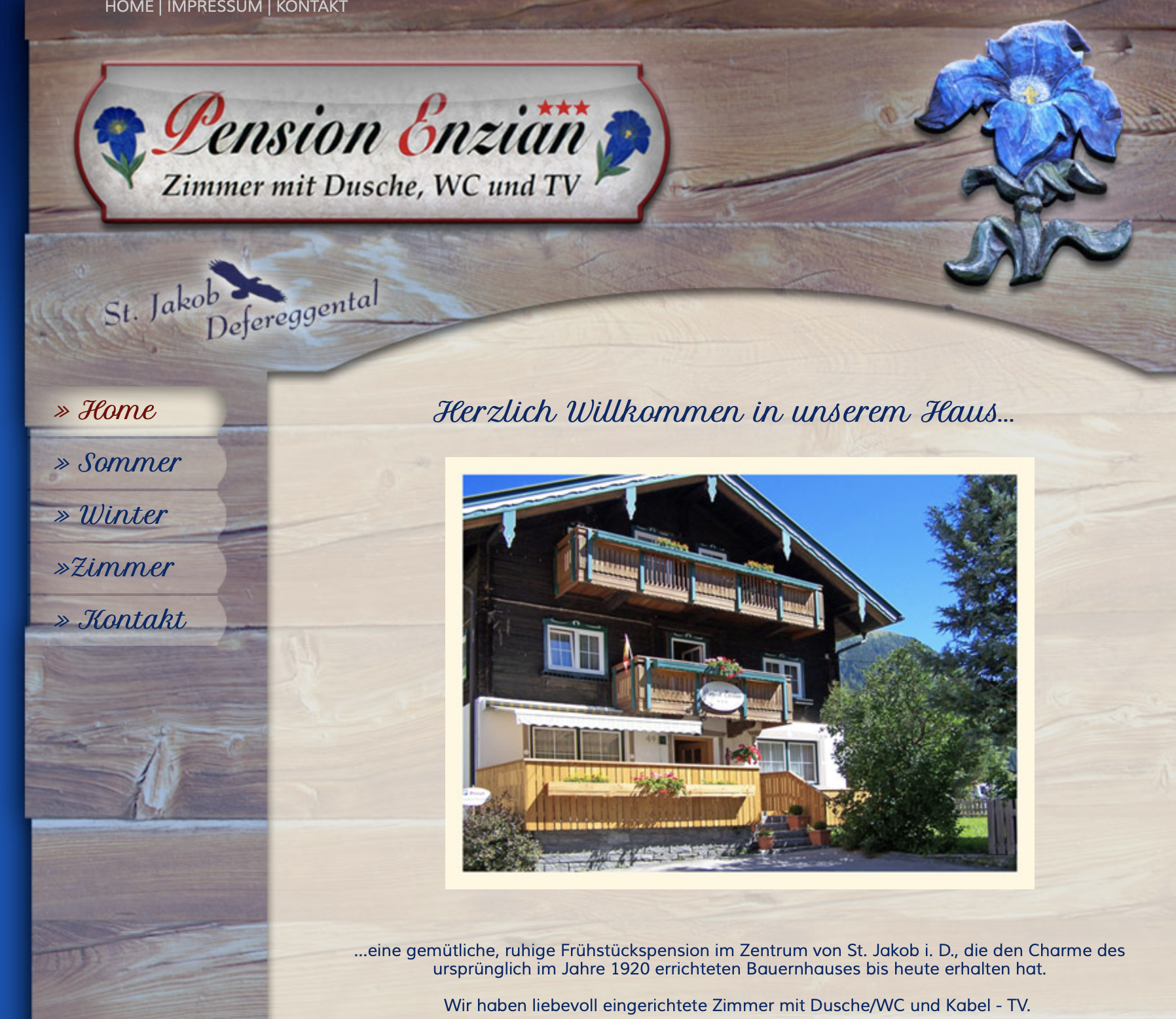 Alte Website der "Pension Enzian" in St. Jakob