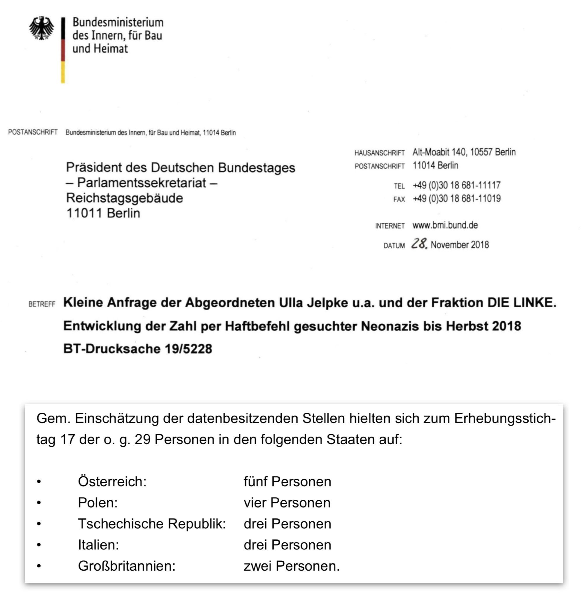Kleine Anfrage der Abgeordneten Ulla Jelpke u.a. und der Fraktion DIE LINKE. Entwicklung der Zahl per Haftbefehl gesuchter Neonazis bis Herbst 2018
