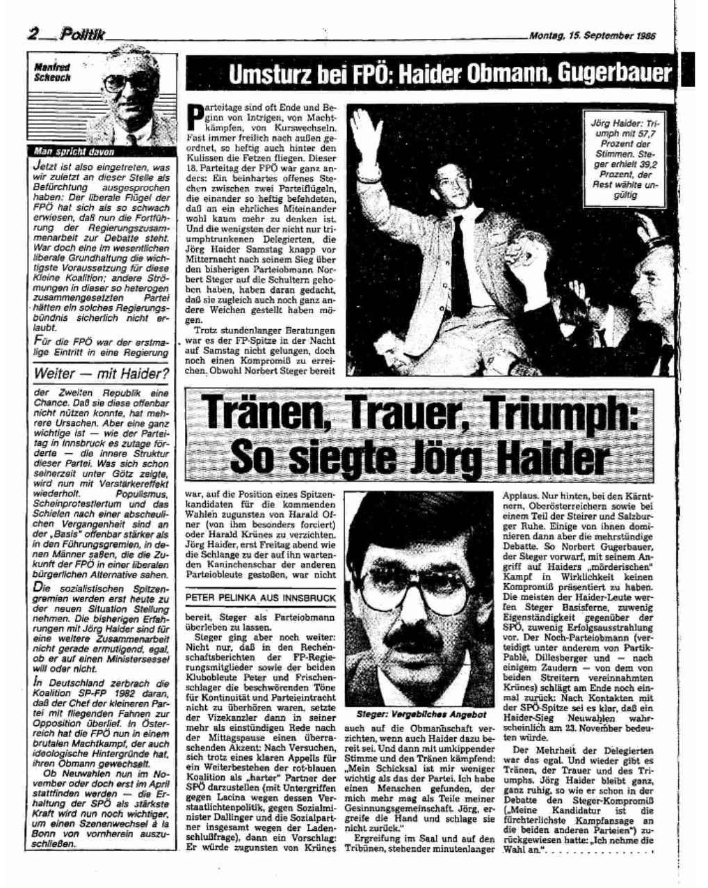 Arbeiter Zeitung 15.9.1986: "Tränen, Trauer, Triumph: So siegte Jörg Haider"