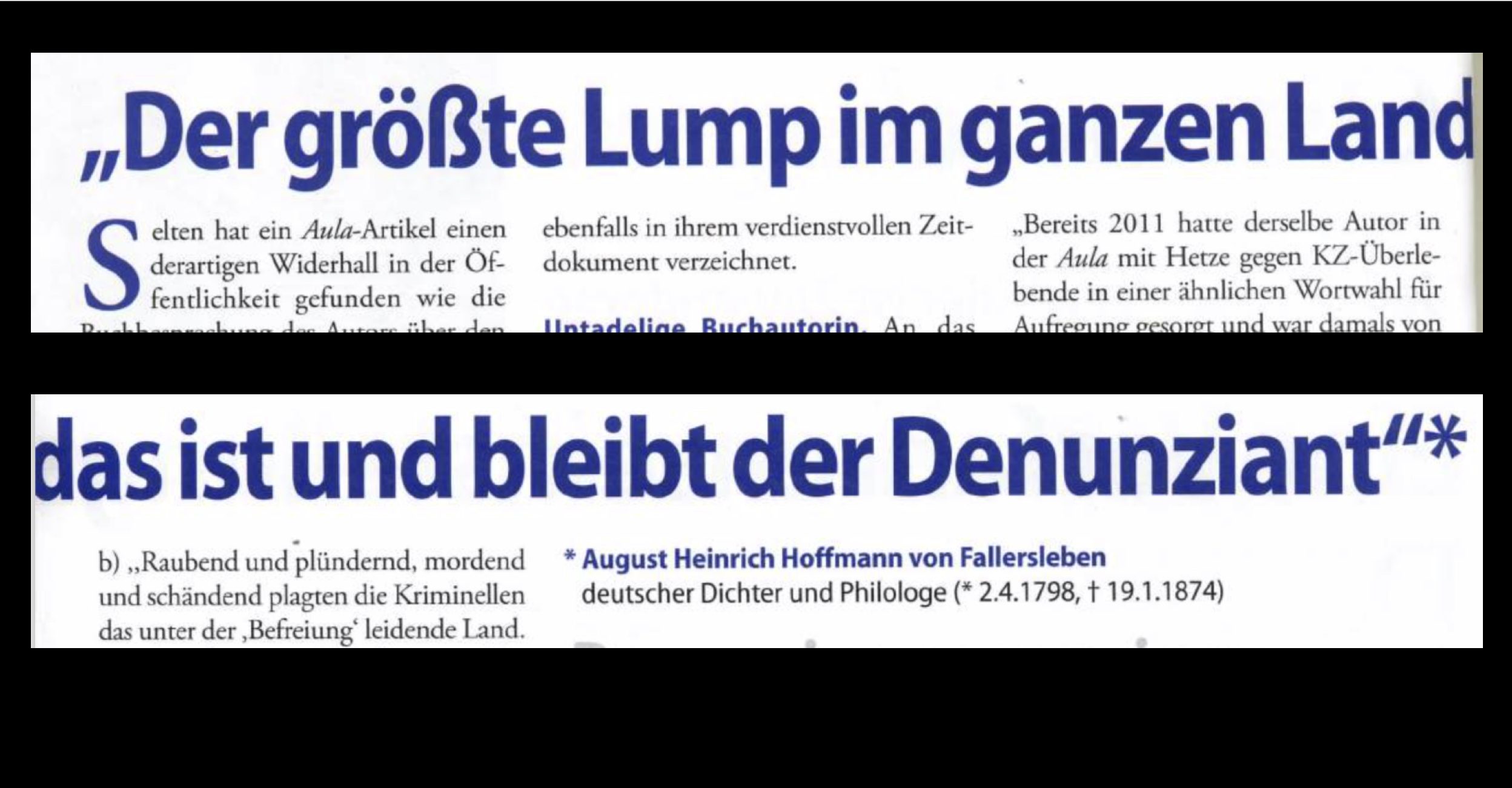 Aula-Artikel Febr. 2016, in dem die diffamierenden Zitate zu den KZ-Überlebenden wortwörtlich wiederholt und der ehemalige Grüne Abgeordnete Harald Walser u.a. als "Lump" beschimpft wurde.