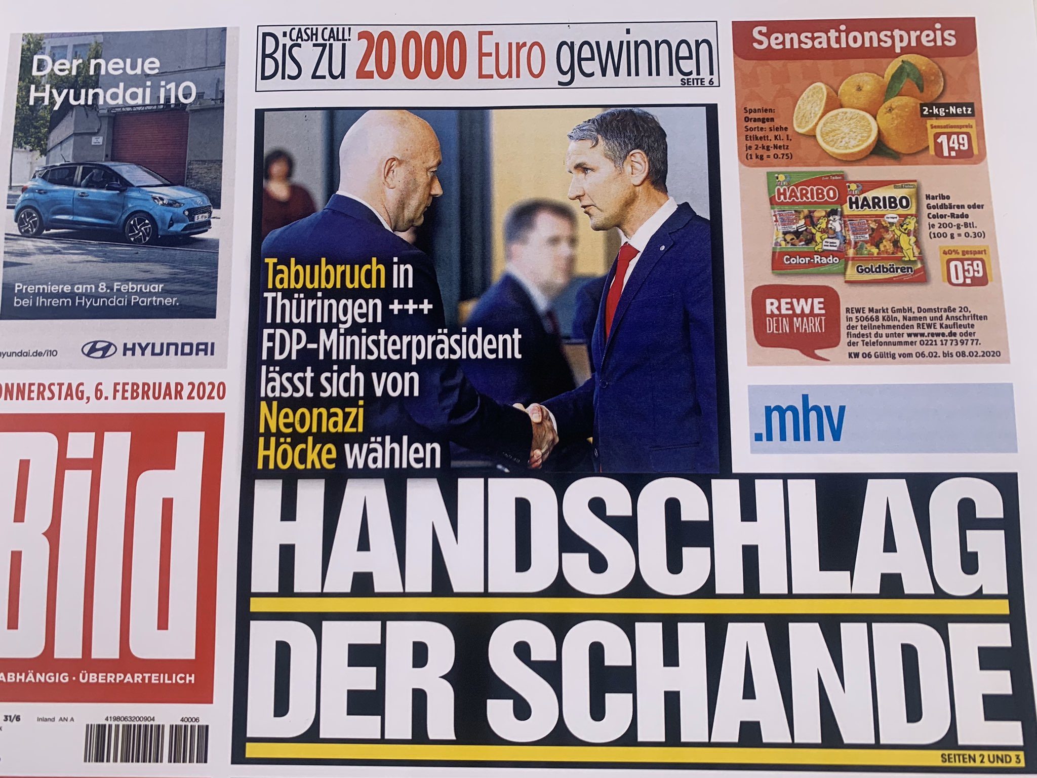 Aufmacher Bild-Zeitung am 6.2.20: "Tabubruch in Thüringen +++ FDP-Ministerpräsident lässt sich von Neonazi Höcke wählen. Handschlag der Schande"