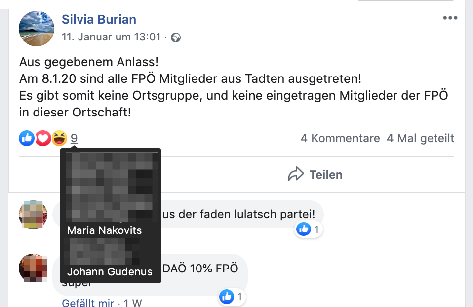 Ein Like für Burians FPÖ-Austritt von Maria Nakovits und Johann Gudenus