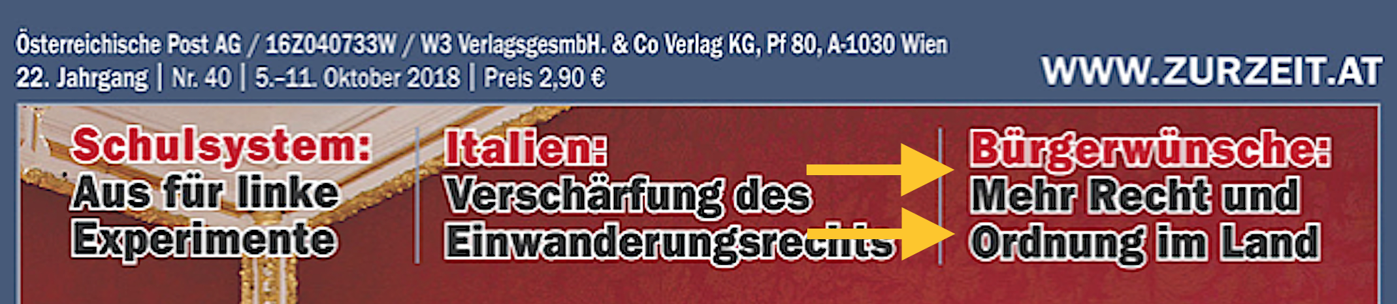 Cover "Zur Zeit" 40/18 mit hineingerutschtem Artikel "Bürgerwünsche: Mehr Recht und Ordnung im Land"