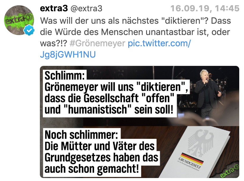 extra3 reagiert auf den Grönemeyer-Shitstorm durch die Rechte: "Was will der uns als nächstes "diktieren"? Dass die Würde des Menschen unantastbar ist, oder was?!?"