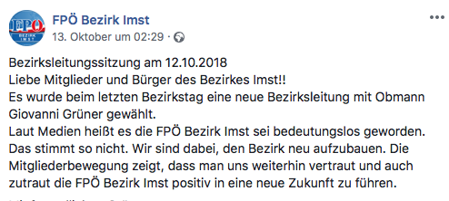 Posting Facebook-Seite FPÖ Bezirk Imst