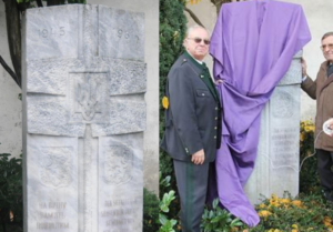 Zusammenstellung: Links das Denkmal mit den zwei SS-Symbolen, rechts die Verhüllung durch den örtlichen ÖKB zu Allerseelen - Bildquelle: DÖW (li.)/Johann Schleich