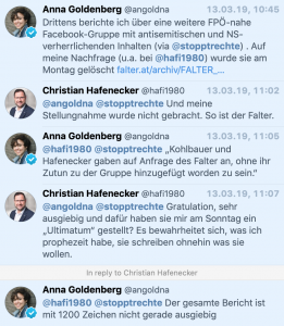 "So ist der Falter." "Sie schreiben ohnehin nur, was sie wollen." Christian Hafenecker zur Falter-Journalistin Anna Goldenberg (zur Gruppe "FPÖ Seitenadmnistratoren")