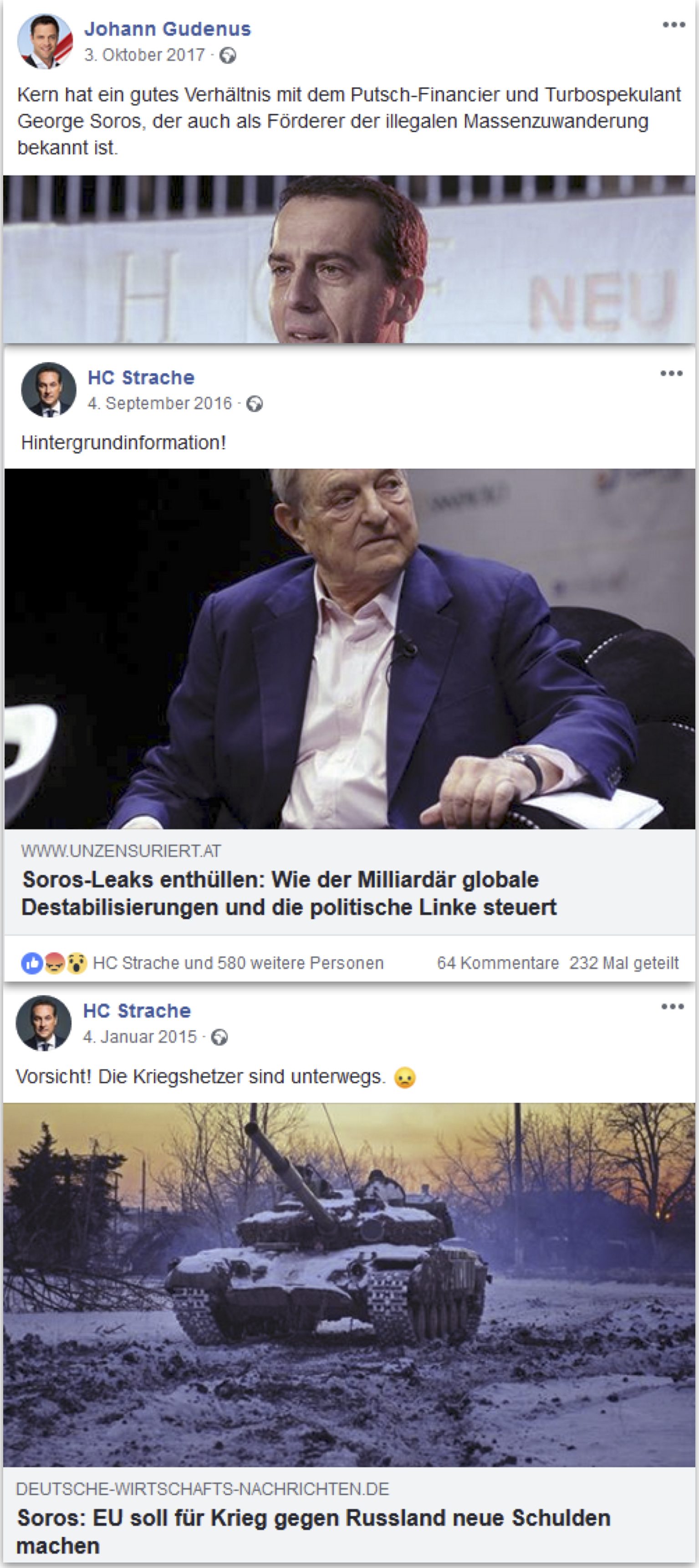 Antisemitische Kampagnen der FPÖ (Screenshots FB Strache, Gudenus)