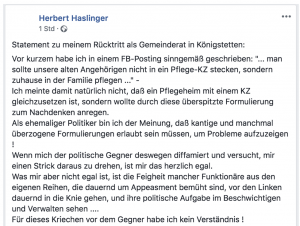Haslinger erklärt seinen Rücktritt (Facebook Screenshot)