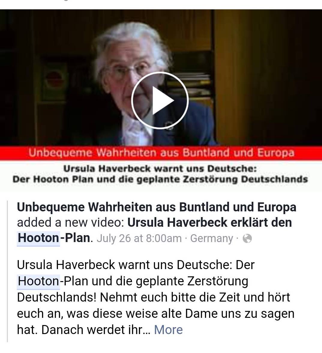 Holocaustleugnerin Ursula Haverbeck zum Hooton-Plan (Screenshot Facebook)