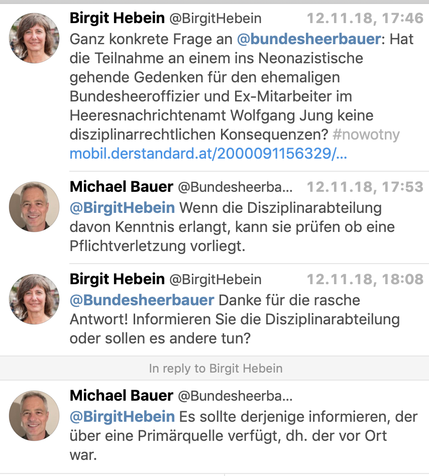 Twitterkonversation Hebein mit Bauer (Sprecher Verteidigungsministerium)