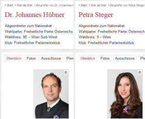 Screenshots von der Parlamentshomepage, wo sich die Abgeordneten zum Nationalrat Johannes Hübner und Petra Steger mit Kornblume präsentieren - Bildquelle: Österreichisches Parlament