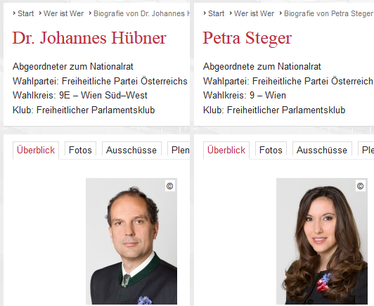 Screenshots von der Parlamentshomepage, wo sich die Abgeordneten zum Nationalrat Johannes Hübner und Petra Steger mit Kornblume präsentieren - Bildquelle: Österreichisches Parlament (1/2)